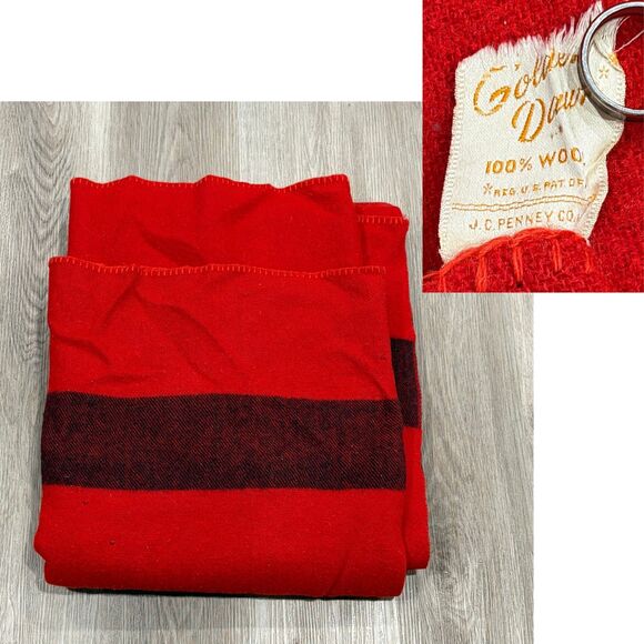 VTG 67x71 Golden Dawn JC Penney 100% Wool Red Black Blanket Hudson Bay Pendleton
